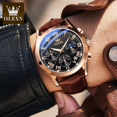 OLEVS Men Watches Top Brand Luxury Mens Wrist Watch Leather Quartz Watch Sports Waterproof Male Clock Relogio Masculino+Box