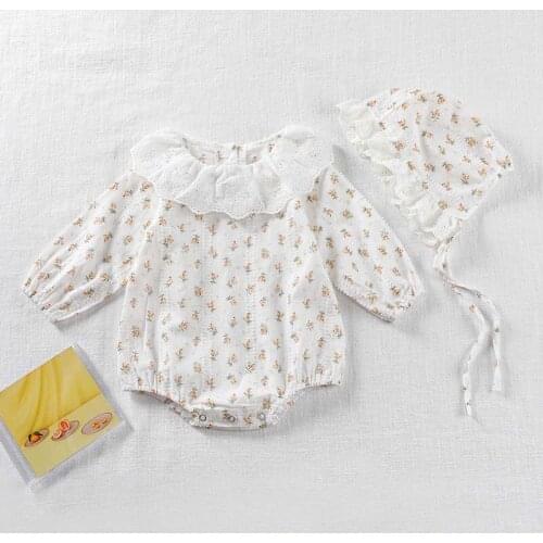 Autumn Kids Baby Girl Cute Floral Print Lace Collar Bodysuit With Hats Girls Sweet Long Sleeve Jumpsuit Infant Toddler Clothes