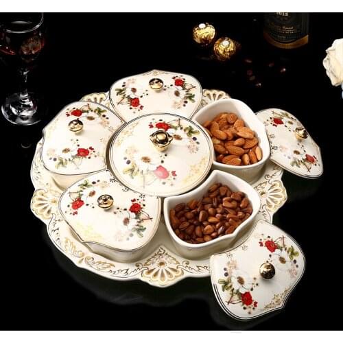 European Luxury Dried Fruit Ceramic Plate 6-grid with Lid Trinket Dish Snack Tray Household Japanese Candy Snacks Seed Plates