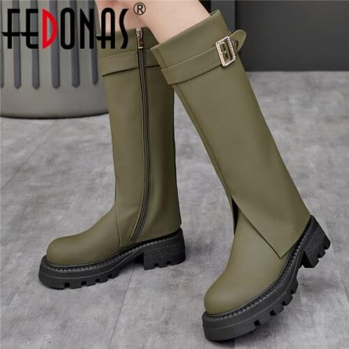 FEDONAS Popular Fashion Women Knee-High Boots Top Quality Genuine Leather Metal Decoration Party Casual Thick Heels Shoes Woman