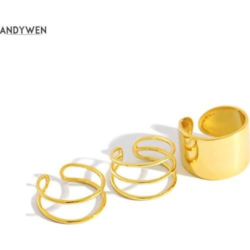Andywen 925 Sterling Silver Gold Slim Circle Rings Three Rings Resizable Adjustable Women Fashion Wedding Party Rock Punk Jewels