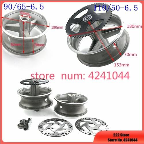 6.5 inch rims a set: 90/65-6.5 front and 110/50-6.5 rear Aluminum Wheel hub+1x Sprocket+2x Brake disc for pocket bike 47cc 49cc