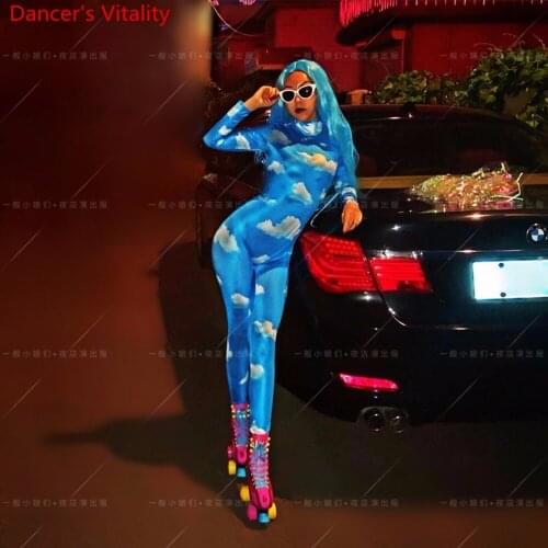 Nightclub Bar Fresh Blue Sky White Cloud Long Sleeves Body Suit Women Singer DJ DS Jazz Pole Dance Performance Costume Clothes
