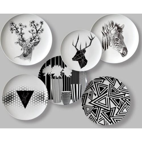 Creative Black And White Deer Plates Italy Pattern Ceramics Wall Hanging Invisible Hook Living Room Home Decorative Plate