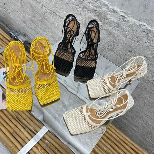 Fashion Women Sandals Square Toe Hollow Sexy Pumps Thin High Heels Cross Strap Sandals Lace Up Yellow/Black/Beige Fashion Slides
