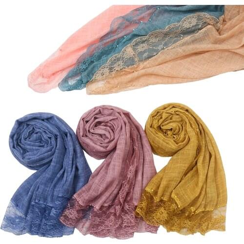 Fashion Lace Cotton Scarf Plain Hijab Beading Scarves Glitter Shawl Women Pearl Headband Female Wraps Head Bandana Muslim Turban