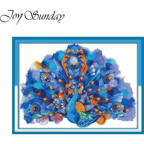 Joy Sunday Counted Cross Stitch Kits Blue peafowl Animal Crossing 11CT 14CT DMC Aida Fabric Printed Embroidery Kit Needlework