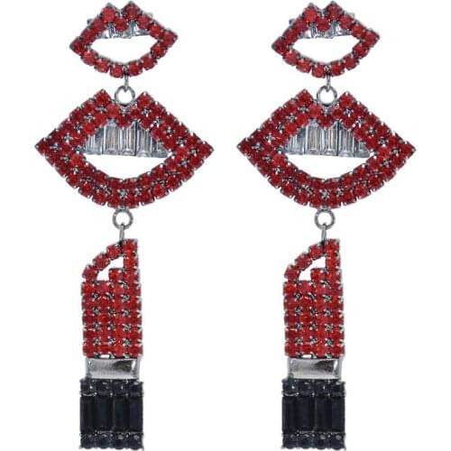 New Fashion Rhinestone Red Mouth Lips Lipstick Drop Earrings For Women Hip-Hop Geometric Long Earring Nightclub Party Jewelry