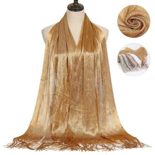 New Arrival Plain Lurex Polyester Scarf Glitter Tassel Shawl Gold Thread Scarves Muslim Women Hijab Female Islamic Turban Stoles