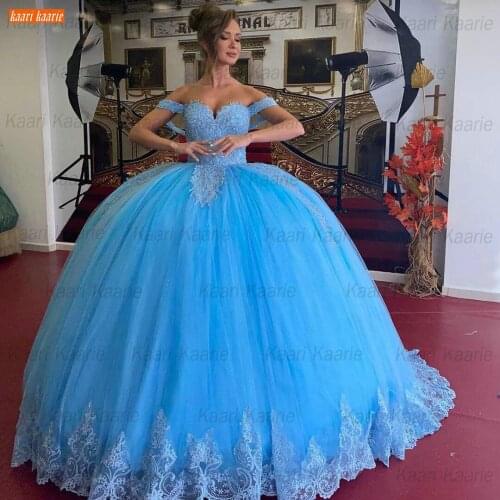 Fluffy Blue Evening Gown For Women Lace Up 2021 vestidos de fiesta de noche Appliques Beading Formal Party Dresses abiti da sera