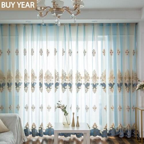 European Style Curtains for Living Room Dining Bedroom Blue Gradient Tulle Embroidered Window Curtains Sheer Curtains