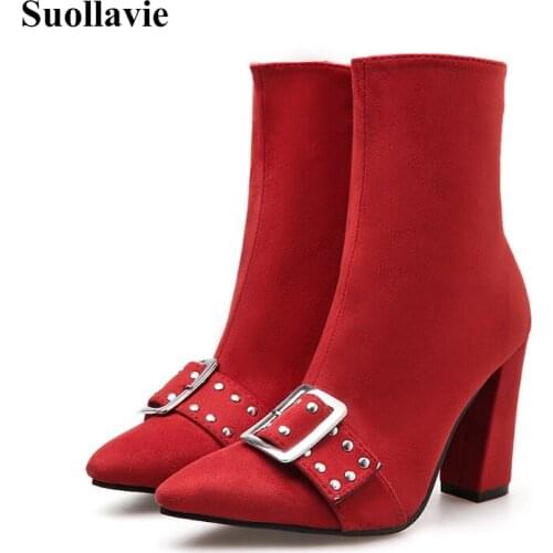 Suollavie 2020 Winter Autumn Women Pointed Toe Ankle Boots Sexy Lady Square High Heel Stretch Fabric Red Black Zipper Chelsea