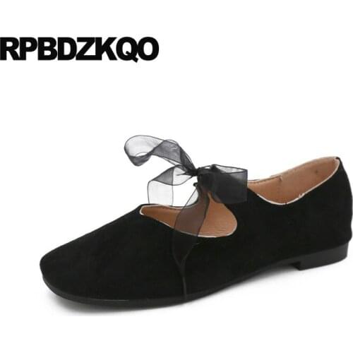 Square toe 2019 china soft ballet flats women chinese lace up bow suede rubber sole ladies designer shoes cheap ballerina black