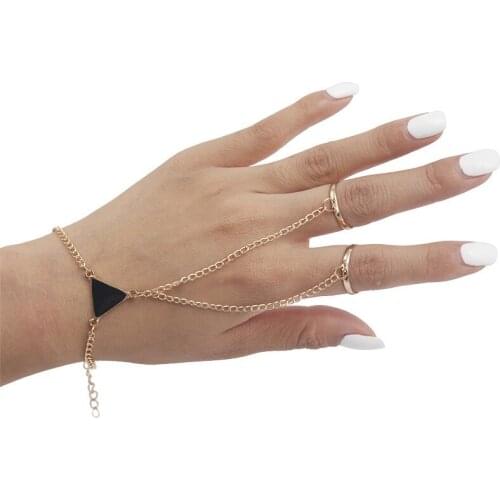 Street style fashion punk style leaf lock chain triangle piece bracelet ring hand back chain womens jewelry