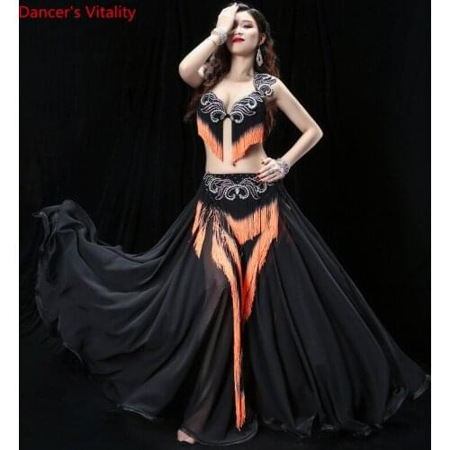 Belly Dance set Diamond-Studded Bra+Tassel Belt+ Long Skirt 3-Piece set Female Profession Performance Practice Clothing