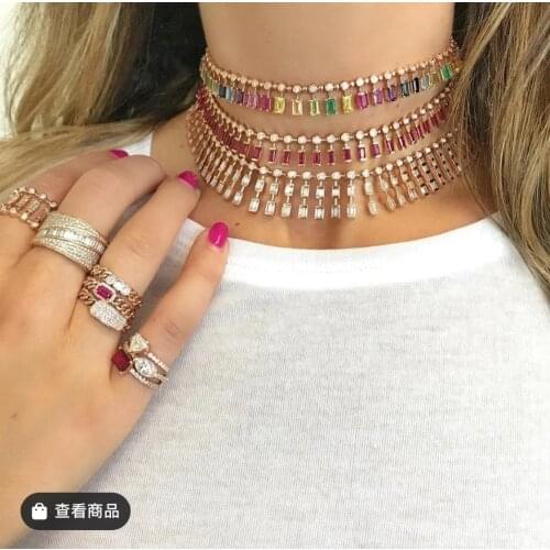 HIBRIDE Popular AAA Cubic Zirconia Baguette Pulling Chain Necklace for Women Adjustable Length Trendy Geometric Necklaces P39