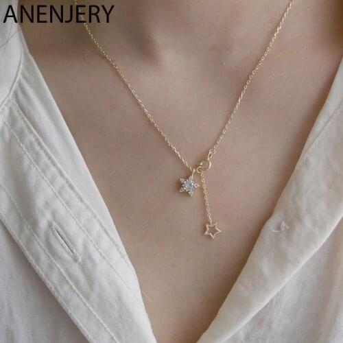 ANENJERY 925 Sterling Silver Shining Zircon Star Pendant Tassel Necklace for Women Simple Temperament Light Luxury Accessories