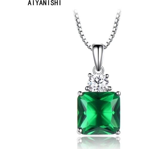 AIYANISHI 10x10mm Created Nano Emerald Pendant Necklace 925 Sterling Silver Valentine Fashion Gift Necklace Party Jewelry Gifts