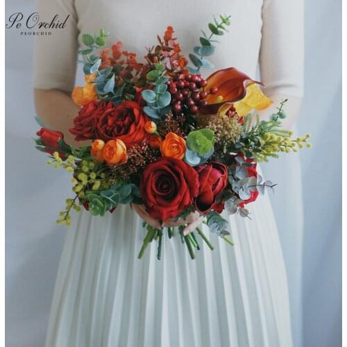 PEORCHID 2019 Red And Orange Bouquet Peonies Roses Real Touch Outdoor Spring Fall Brides Bouquet Wedding Flowers Bridal Boquet