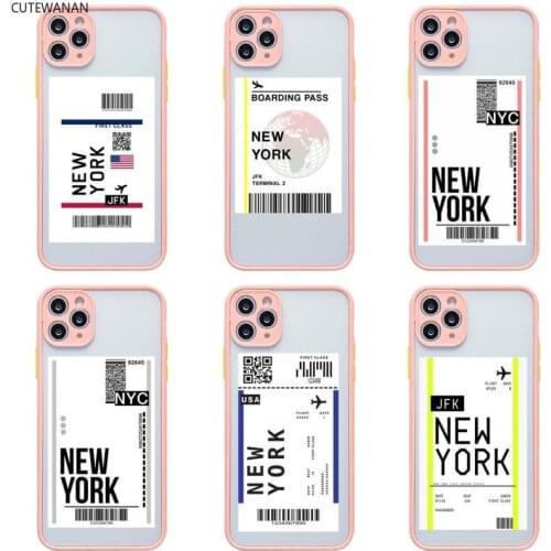 NEW YORK Travel Flight Tickets Phone Case For iphone 12 11 Pro Max Mini XS 8 7 Plus X 2020 XR Light pink Matte Transparent Cover