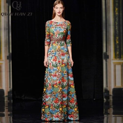 Qian Han Zi Designer Runway Fashion Slim party long dress Women 3/4 Sleeve Luxury high quality mesh embroidered maxi dress