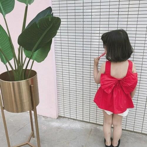 DFXD Kids Girls Shirts 2018 New Fashion Summer Red Sleeveless Back Big Bowknot Kids Princess Top Korean Children Clothing 2-8Y