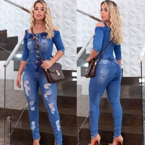 Denim slim slimming suspender jumpsuit with white spray and ripped holes one-piece jeans grunge jeans,women pants high rise jean