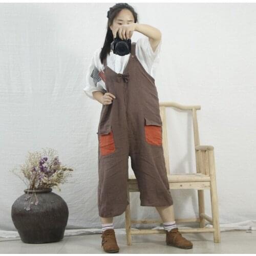 Johnature 2020 Autumn New Cotton Linen Retro Patchwork Pocket Wide Leg Jumpsuits Loose Leisure All-match Women Calf-length Pants