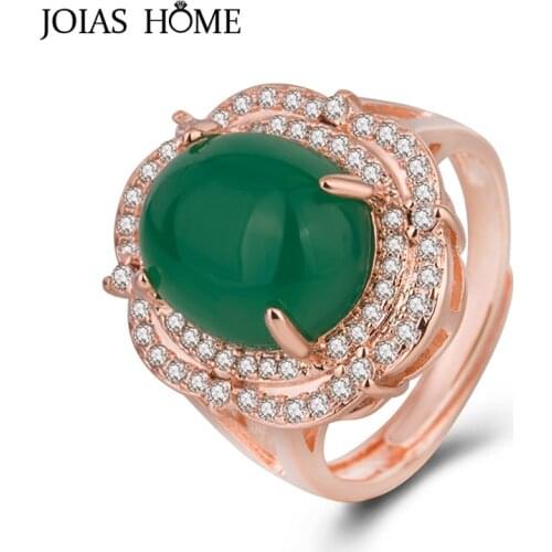 JoiasHome 925 Sterling Silver Ring Retro Ethnic Emerald with Rose Gold Flower Shaped Ring Dinner Jewelry Gift Open Adjust Size