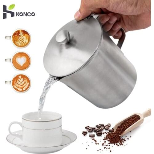 Konco Stainless Steel Milk frothing jug with lid Espresso Coffee Pitcher Barista Craft Coffee Latte Milk Frothing Jug Pitcher