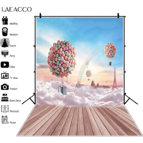 Laeacco Rainbow Balloons Backdrops For Photography Birthday Party Dreamy Travel Blue Sky Wood Floor Baby Child Photo Backgrounds