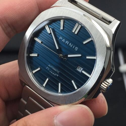 NEW Arrive 43mm PARNIS Blue Dial Date Indicator Steel Case Luminous Sapphire Luxury Brand Miyota Automatic Movement mens Watch