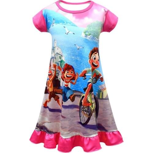 Girls luca Nightgowns Summer Short Sleeve Bicycle play pattern Cartoon Nightdress Knitted Pajamas Sleepwear Kids Girl Nightgown
