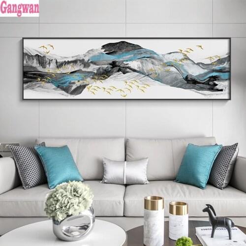 New chinese golden blue style Mountains diamond embroidery mosaic diamond painting full square round stitch cross rhinestone art