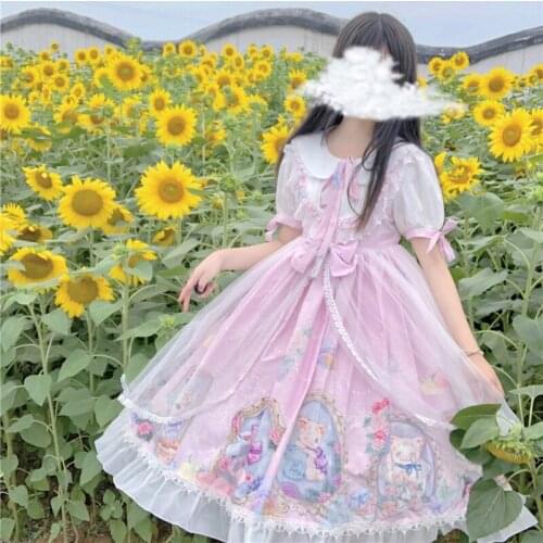 OLOMLB Kawaii Lolita Op Dress Harajuku Short Sleeve Soft Sweet Gauze Clothing For Female 2021 Summer Cat Printing Princess Dress