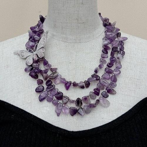 YYGEM 3 strands Natural top-drilled fancy Amethyst choker Necklace CZ Pave Butterfly Connector