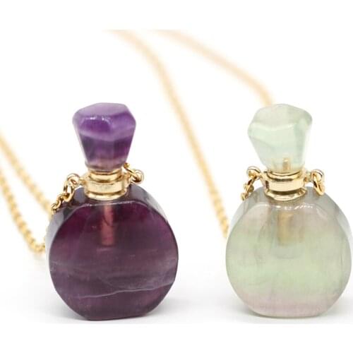 Natural Perfume Bottle Crystal Stone Pendant Necklace Fluorite Amethysts Essential Oil Diffuser Charm Copper Chain Jewelry Gift