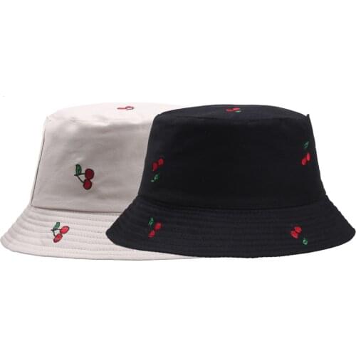 Summer Cherry Double-Sided Panama Hats For Women Men Girls Embroidery Hip Hop Caps Sun Fishing Beach Cotton Fisherman Bucket Hat