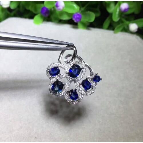 Natural blue sapphire pendant S925 silver Natural gemstone Pendant Necklace trendy Elegant fan flowers women party gift jewelry