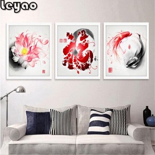 Full Square Round 5D DIY Diamond Painting Mosaic 3 Piece Koi Fish Lotus diamond Embroidery Triptych Chinese style home decor
