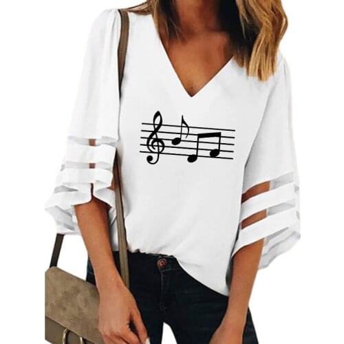 Music Note Print Shirt Female Harajuku Half Sleeve V-Neck Bell Sleeve Sexy Splice T-Shirt Women Femme Music Lover Loose Tops