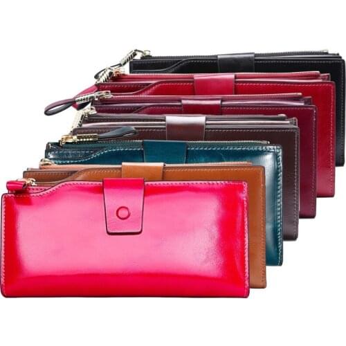 Retro Oil Wax Leather Antimagnetic RFID Long Leather Wallet Ladies Fashion Top Layer Cowhide Womens Clutch