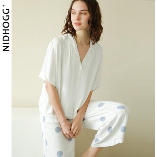 2020 Spring Simple Satin Short Sleeve Trousers Pajamas Suit Blue Dots Printing Pijama Womens Luxury Sexy Clothes White 2 Piece