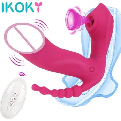 IKOKY Wearable Dildo Vibrator Sex Toys for Women 3 In 1 Sucking Vibrator Anal Vagina Clitoris Stimulator Multifunction
