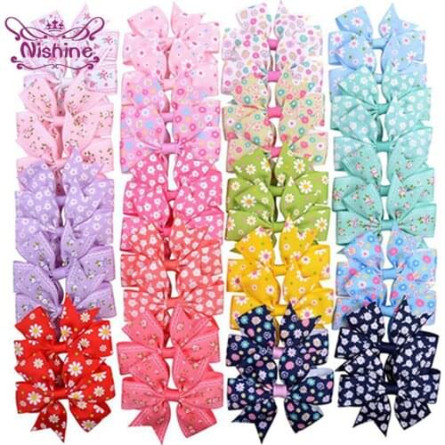 Nishine 10pcs/lot 8*8 CM Grosgrain Ribbon Fishtail Bows Toddler Hair Clips Colorful Print Bowknot Baby Hairpins Kids Accessories