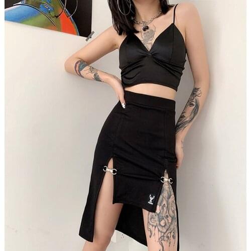 Mall Goth High Waist Black Skirts 2021 Women Dark Academia Ruched Midi Skirts Split Clubwear Punk Style Skirt Hip Hop Streetwear