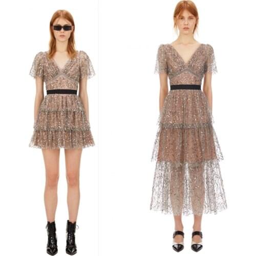 Runway 2021 Summer Self Portrait Dress Women Short Sleeve Layer Ruffle Midi Long Embroidery Lace Sequins Dresses Female Vestidos