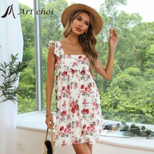 Sexy Women Mini Chiffon Spaghetti Strap Dress Summer Floral Skirt Sundress Sleeveless Backless Loose A line Ladies Party Vestido