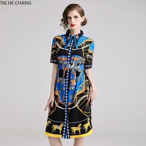 Women Dress Summer Spring Elegant Bodycon Vintage Party Runway Casual Print Short Sleeve Midi with Belt Shirt OL Work Dresses