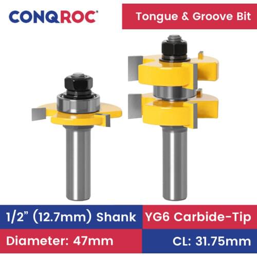 2 Pieces 1/2” 12.7mm Straight Shank Tongue and Groove Router Bits Set 3 Flutes Carbide Steel Woodworking Milling Cutters Kit